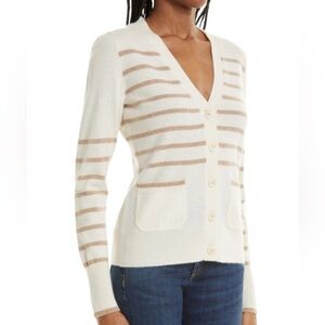 Nordstrom Signature Cashmere Striped Button Front Cardigan Sweater Beige Small